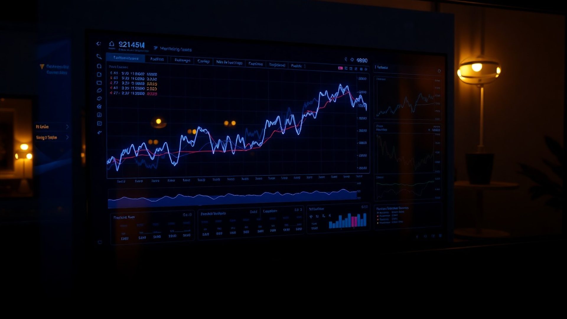 Panel de trading algorítmico Cloudqastro en tonos índigo mostrando gráficos y métricas de riesgo en tiempo real